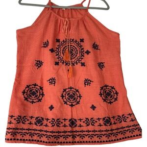 Anthropologie Solitaire Tank Top Women's Large Orange Embroidered Boho Festival